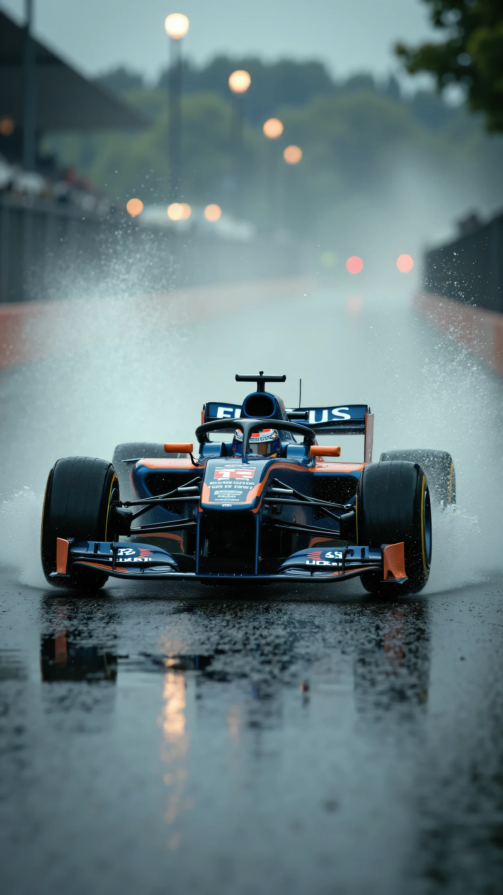 An ultra-detailed, realistic scene of a Formula 1 car racing through heavy rain on a wet track like Spa-Francorchamps, captured with a Fujifilm GFX 100S for its medium-format resolution and rich textures. The car, in a deep blue and orange design, cuts through the water, sending dramatic sprays from its tires into the air, each droplet meticulously detailed by the camera’s massive sensor. The driver’s visor is streaked with rain, and the car’s wet surface reflects the gray sky and track lights with Fujifilm’s signature film-like color palette. The misty horizon with blurred trees and grandstands contrasts the foreground’s rippling puddles and slick tires, delivering a moody, high-fidelity shot.桜並木、桜が舞う

