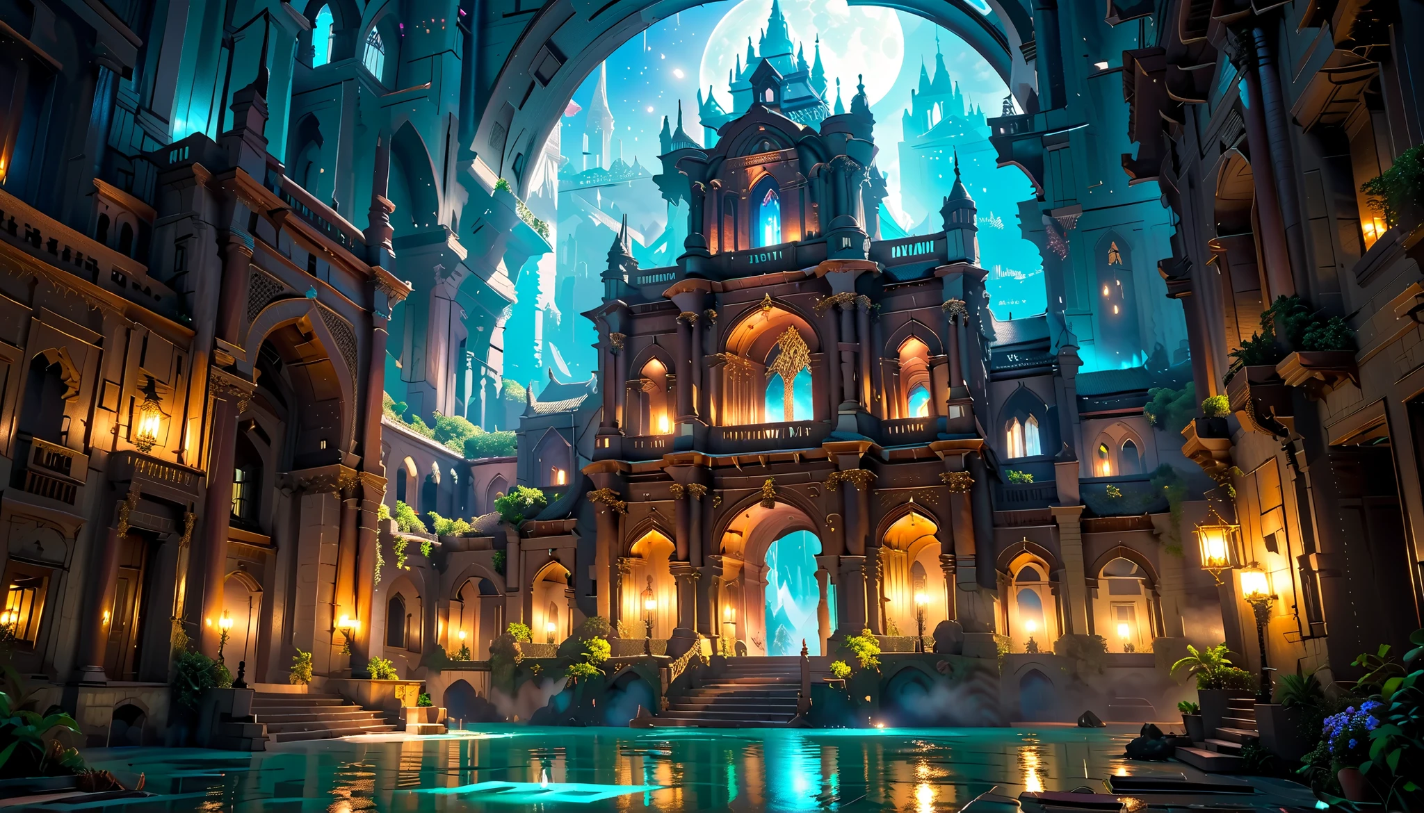 8k_wallpaper, extremely detailed eyes, extremely detailed body, (large masterpiece digital art), (detailed manga illustration), (detailed line art), ((perfect anatomy)), (intricate details:1.3), (ultra-detailed:1.3), (illustration:1.3), (sharp focus:1.3), (natural lighting:1.05), (vivid colors:1.3), (masterpiece), (best quality:1.4), (perfect anatomy:1.4), high quality, Azuris Palace rises like a celestial dream from the serene heart of the Luminous Vale, its shimmering sapphire spires piercing the starlit heavens with grace and grandeur, Nestled atop a floating island suspended over a tranquil sea of crystal-clear waters and drifting mist, the palace radiates a soft, otherworldly glow that dances like moonlight on glass, Constructed from gleaming azure stone veined with threads of living silver, the palace is a harmonious blend of elegance and enchantment, Graceful arches and spires spiral skyward, adorned with luminous runes that pulse with ancient arcane energy, Cascading waterfalls spill from the terraces into the air itself, vanishing into twinkling motes of light that gently float back to the ground below, Its outer walls are latticed with vines of radiant blossom light, everblooming flowers that glow in shades of blue, violet, and soft white, Crystal turrets drift weightlessly around the structure, rotating in slow, deliberate orbits, acting as both guardians and conduits of protective wards, Within, the palace is a realm of wonder: endless corridors of polished aquamarine tile, grand halls that shimmer like still ponds under moonlight, and lofty chambers where arcane light flickers through enchanted stained glass. Ethereal music seems to echo softly through the air, a sound only those attuned to magic can truly hear, At the core of the palace lies the Starborne Hall, a circular sanctum where magic flows like a living current through floating glyphs and hovering crystals, Here sits the Crystal Throne, a majestic seat carved from a single colossal gem