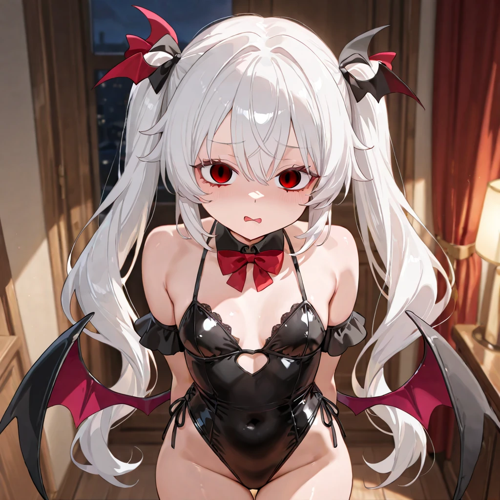 tachi-e, game cg, Highly detailed and realistic CG, Colorful, Masterpiece, Best Quality, jewel-like eyes, 1girl, solo, black hair, shiny hair, long straight hair, very long twintails, slender, skinny legs, succubus girl,succubus luxury dress, mini skirt, succubus boots, aqua blue eyes, large breasts, under boobs, black elbow gloves, latex, smirk, smile, jig eyes, jitome, half-closed eyes, tsurime, background, from pov, best quality eyes, sharp teeth, tsundere, standing, contrapposto, hand on hip, (shiny skin:1.0), succubus wings, succubus tail, mesugaki, teasing, smug, cute girl, petite, open mouth, fangs, tongue out, pointy ears, pink heart tattoo, (Sharp Focus:1.2), Thin arms, Thin legs, outline, Evil Female Executive Succubus, ruler tattoo