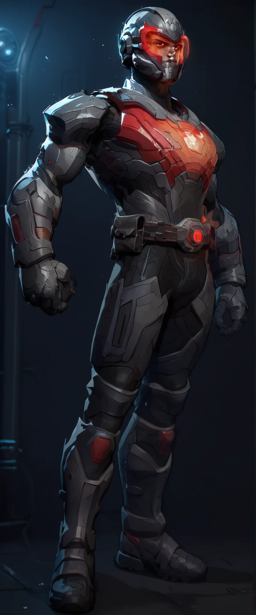 A 3D video game render of Ant-Man's sleek tactical costume from "Marvel Rivals". The suit is predominantly black, with striking red accents on the chest, helmet, and various sections, and silver/grey armor plating on the gloves and boots. The helmet features a reflective visor and additional red accents, while the suit's segmented armor enhances mobility and protection, with dynamic lines and shapes adding a high-tech aesthetic. The background is a dark, tech-laden environment with glowing blue and red lights, emphasizing the suit's advanced technology and stealth capabilities.