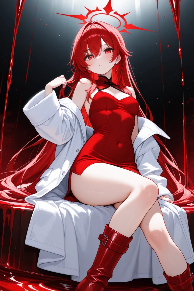 A red-haired girl with long, messy hair emerges sensually from a dark lake of blood. Her skin is pale like a vampire's,, soaked and stuck to his body, highlighting your figure. She is in a provocative position on all fours,