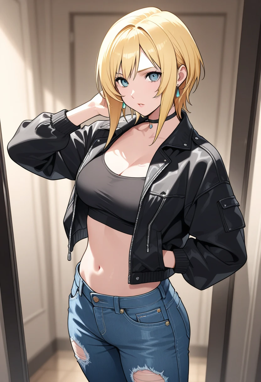 Android18Number、Denim triped shirt、Black tank top, NSFW, collar, UHD, retina, masterpiece, ccurate, anatomically correct, textured skin, super detail, high details, high quality, best quality, highres, 4K