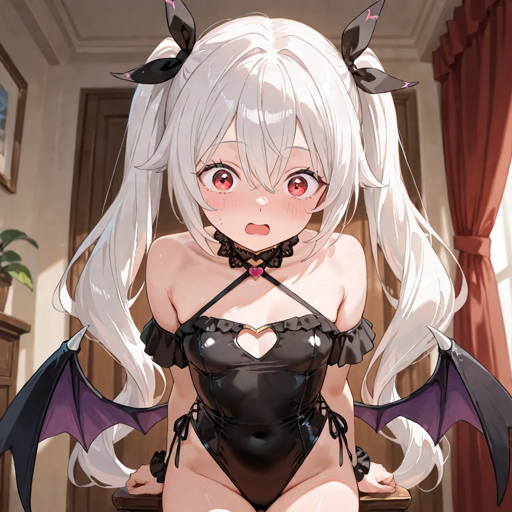 pretty girl、Young face、long silver Hair、long Twin tails、Pink eyeischievous face、Spoiled brat、Immature body、Small breasts、smile、Sweat、（Thick thighs:1.5)、very little demon horns and tail、red  eyes、On all fours、Backwards、looking at viewer、sweat、pink tattoo on her abdomen、ハート型の眼、Open mouth、double teeth、fang、swim wear、Black Bikini