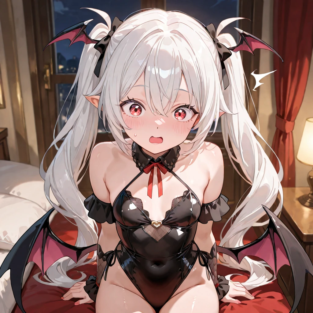 10th Generation,A beautiful woman,Beautiful breasts,Moe,Succubus,bat wings on the back,,Cow horns on the side of the head,Peach front tie bikini top,Ruffled apron dress,Headdress,Maid,Black knee socks