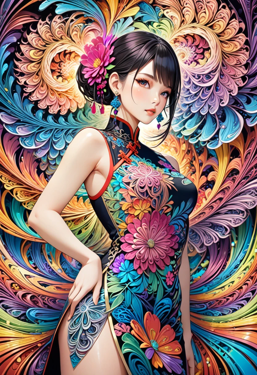 ichiro, (masterpiece, top quality, best quality, official art, beautiful and aesthetic:1.2), (1girl:1.3), extremely detailed, (fractal art:1.2), colorful, highest detailed, (zentangle:1.2), (dynamic pose), (abstract background:1.5), (sexy dress:1.2), (shiny skin), (many colors:1.4), masterpiece, best quality, high quality, highres, 16K, RAW, ultra highres, ultra details, finely detail, an extremely delicate and beautiful, extremely detailed, real shadow, anime, highly detailed painted, award winning glamour paintting, wonderful paintting, art style, stylized,
