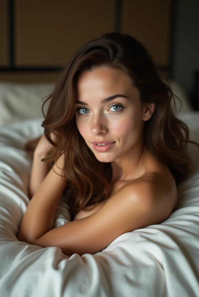 Generate a full face selfie of a 40 year old lady with brown hair putting on this same night dress, laying backward on her bed during the night
