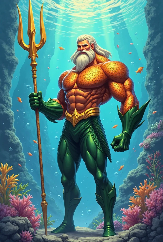 Aquaman the Atlantean": Shot with a Canon EOS R5 and a 70-200mm lens, This MAD magazine-style caricature features Aquaman with exaggerated features. He wears his iconic costume and has a regal expression, with a giant and huge trident in his hand. Your eyes are determined and focused, and your body is muscular and ready for action. The background features an underwater landscape, with fish and sea creatures. The image conveys a sense of power, majesty and aquatic life. camera settings: f/2.8, ISO 800, 1/250s.