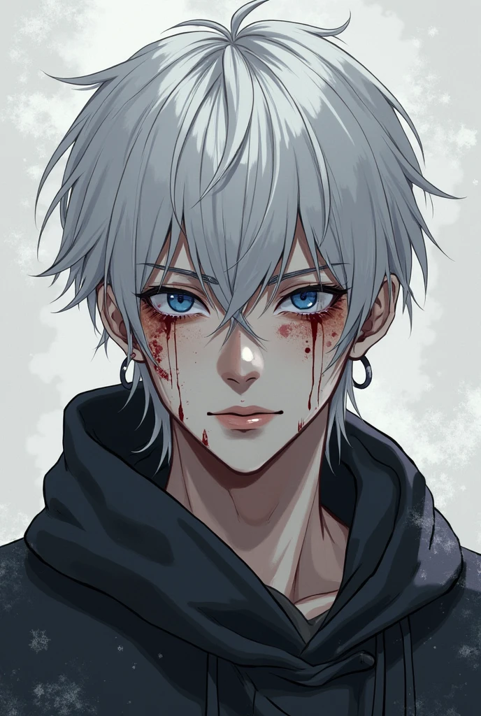 One man young Japanese Gray Hair Spiny hair blue eyes Burns under the eyes Burns around the face