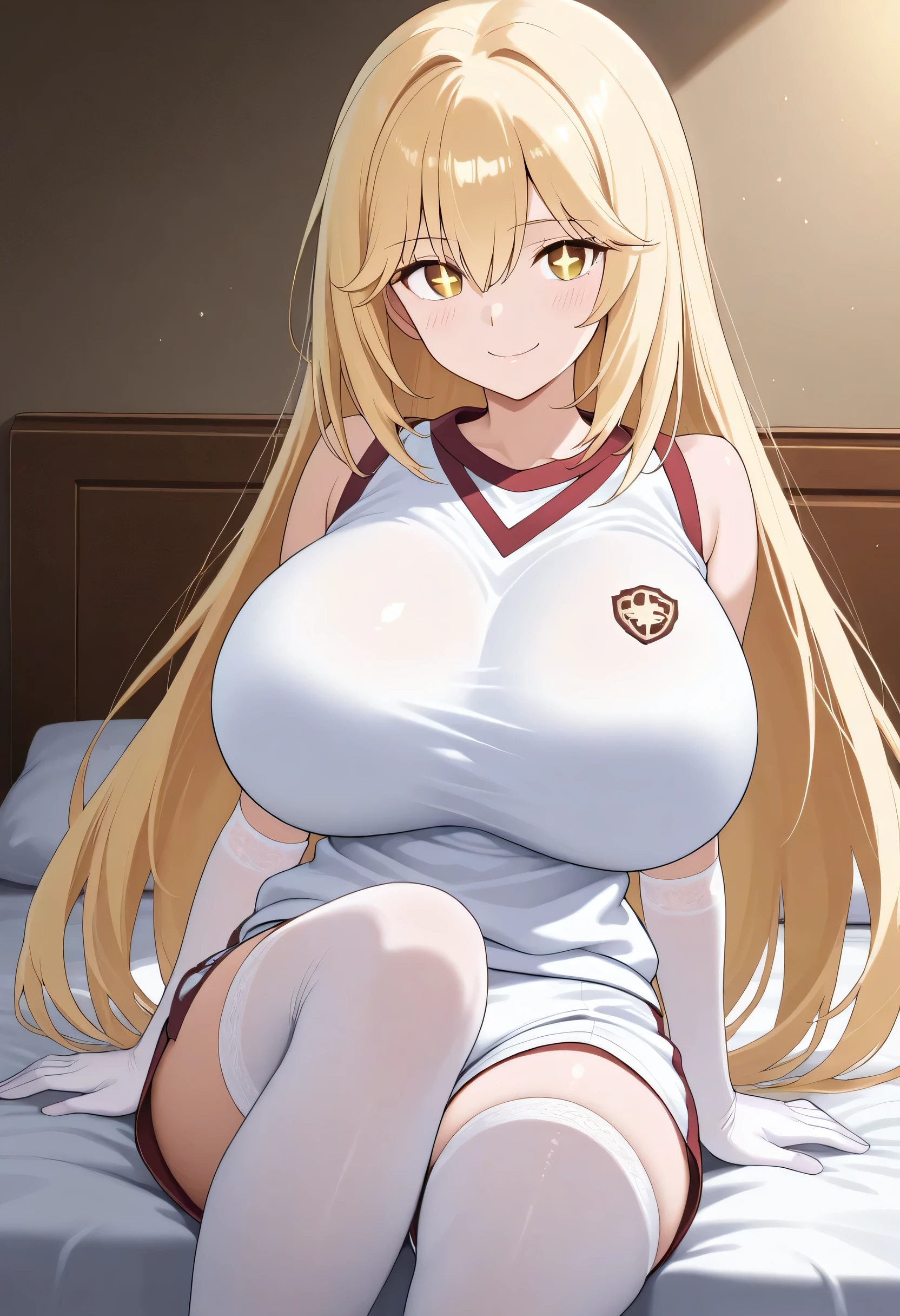 1girl, solo, looking at_in_viewer, white_gloves, elbow_gloves, white_thigh high socks, Gym_uniform, white_shirt, smile, +_+, popup, too big chewy , hyper breasts, sleeveless_shirt, brown with swe_eye, Gym_shirt, very_length_hair, closed _mouth, Naked_shoulder, Gym_shorts, white_shorts, hair_between_eye, bedroom at night, sitting, Shine_eye, Young face, anime style