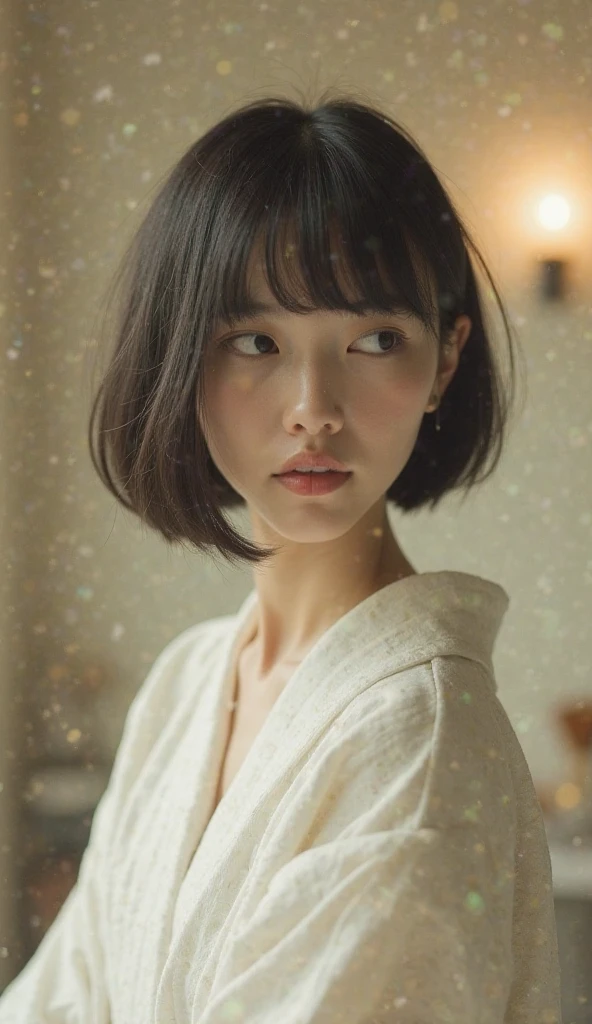 Stunning close-up portrait of a young and beautiful woman with RAW, analog style and impressive features. She should have long, flowing hair, a seductive gaze, and an attractive look. The background is neutral and simple, allowing the woman to be the focal point of the image. Pay attention to details, such as highlights and shadows on her face and hair, to create realistic and realistic images. Experiment with different lighting techniques to enhance the mood and atmosphere of your portrait. The final product should be a masterpiece that captures the essence and beauty of a woman ((very detailed skin, skin details)), Sharp Focus, Volumetric Fog, 8K, UHD, DSLR, High Quality, Film Grain, Fujifilm XT3, Long Sleeve Dress, Wool Dress, Dark Blue Floret Dress, Wearing a Woolen Coat, Short-Cut Hair, Tousled Hair, wind, winter amusement park, winter, cold look, dusk, warm colored lights, illumination, crowded, dark, lonely, alone