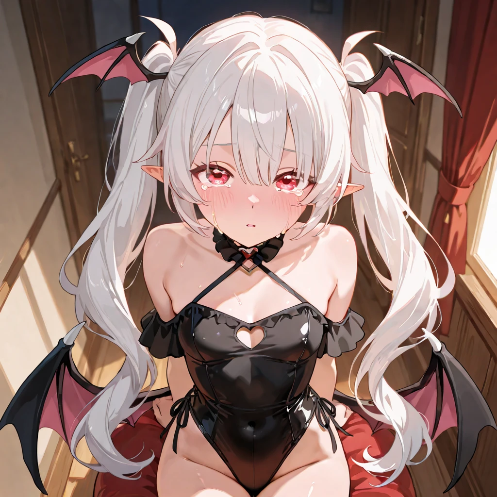 masterpiece, medieval townscape horizon ((((Remilia)))), medium breast,Upper body girl ((((((nude)))))), nsfw, spread legs hands behind head clear red eyes looking at the viewer adventurer ((from front)), open mouth, scared, standing, spread legs, (((cum on body))), ((((penis)))), ((abs))