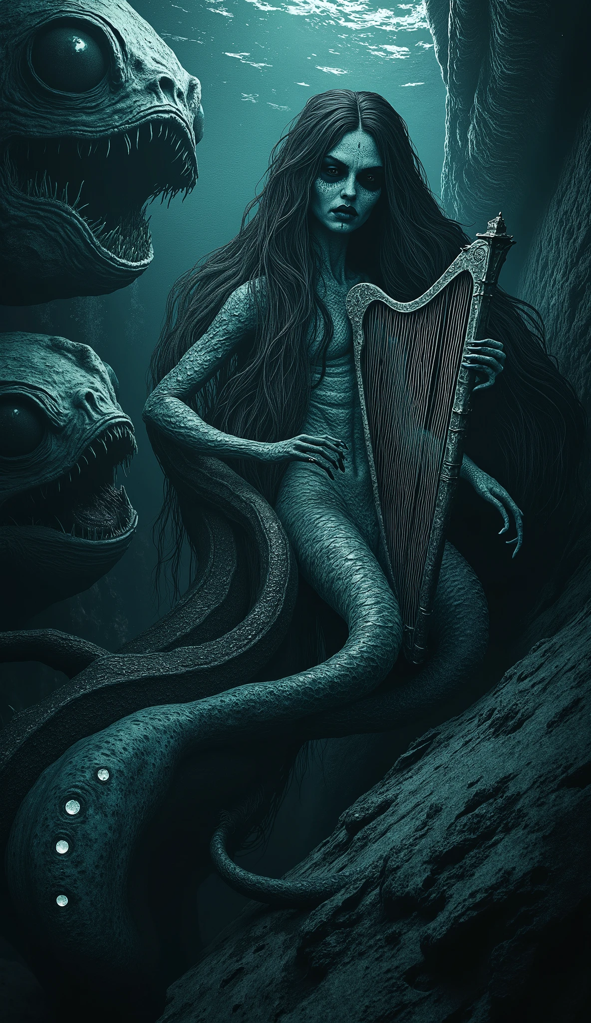 "Create an image of a macabre mermaid playing an ancient, eerie harp in the opulent depths of a dark, forbidding ocean. Her pallid, scaled skin glows with an otherworldly luminescence, while her cold, piercing eyes exude a sinister menace. Long, tangled hair floats in the murky currents, and her tail, adorned with jagged spines and bioluminescent markings, shimmers with an eerie light. Surrounding her, monstrous abyssal fish with gaping maws and ghostly glows glide silently through the inky darkness. The harp—crafted from ancient bones and twisted, decaying coral—sings out a spectral, haunting melody that reverberates through the vast, terrifying abyss, creating an epic and chilling atmosphere."