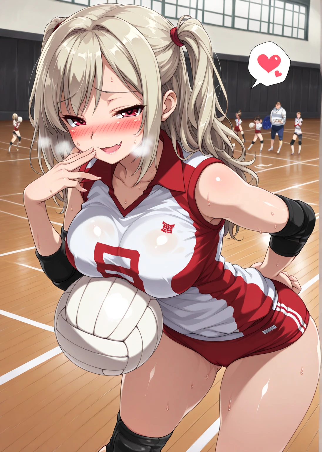 unity 8k wallpaper, anatomically correct, (((masterpiece))), (((best quality))), (((ultra detailed))), (((high-resolution))), ((Ultimate cutie)), perfect hands, perfect finger, (((good anatomy))), detailed beautiful face, shiny hair, (((gyaru))), (potbelly), (curvy), medium breasts, ((Thick thighs)), (((solo))), ((seductive smile)), (((blush))), 
BREAK, (((sit astride the perfectly spherical shape 6-inch volleyball))), (((Straddling a perfectly spherical 6" volleyball))), (((Perfectly spherical 6" volleyball fits perfectly crotch))), BREAK, (((Rub the  Perfectly spherical 6" volleyball against crotch))), 
BREAK, (Collared volleyball uniforms), sleeveless, ((buruma)), ((kneepad)), (pussy juice stained), (elbow pad), (((sweat))), (((covered in sweat))), ((deep breathing)), in Volleyball Court, indoor, lighting,  looking at viewer, full body, (spoken heart)