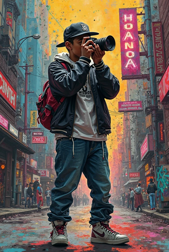 A man dressed in hip hop style wearing a cap taking pictures
I want you to do it in Gilblin studio style