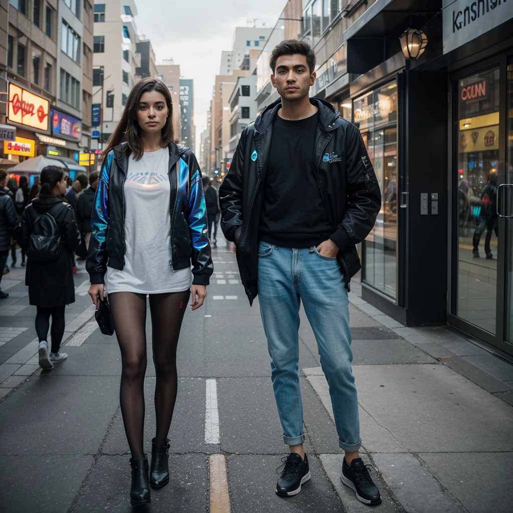 ((best quality)), ((masterpiece)), (detailed), perfect face, girl and men use hoddie, (couples) jeans,sneakers, selfie in the street cityscape,