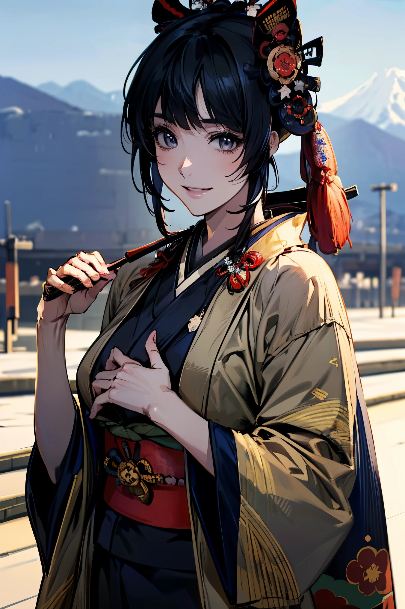 (masterpiece:1.5),beautiful hair,Beautiful Eyes,beautiful lips,Beautiful slender body,(Konno Anna:1.2),(Riho Yoshioka:1.1),(Narrow your eyes and smile:1.3),(Mountains in the background:1.4),bust illustration from the front ,((((An Extraordinary Beauty:1.7)))),(((( kimono,military jacket,Taisho Romance:1.5)))),((19-year-old single woman holding a fish in her hand:1.1)),(anatomically correct hand depicted accurately:1.1)black hair,long lashes,Three-dimensional, jewel-like eyes,Very delicate and beautiful CG,2. 5D illustration, anatomically accurate body, (Extremely precise illustrations:1.1),(Outdoors:1.4), (wallpaper:1.4),8k