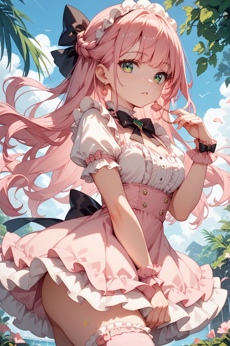 (((Masterpiece)))), (((Ultra detailed, top quality, high resolution, movie lighting)), Full Body, From Bottom, Full Body Shot
(1 girl) ((pink hair, long hair, straight hair)) (both sides up) (green eyes), eyeshadow, eyeliner, glow eyes, hyper detail eyes, complex eyes, beautiful eyes, (((sparkling pink pupils)) 18-year-old girl, seductive smile,
Frill kimono goth, camisole, platform boots over the shoulder, platform boots, hands between legs, (flower background)