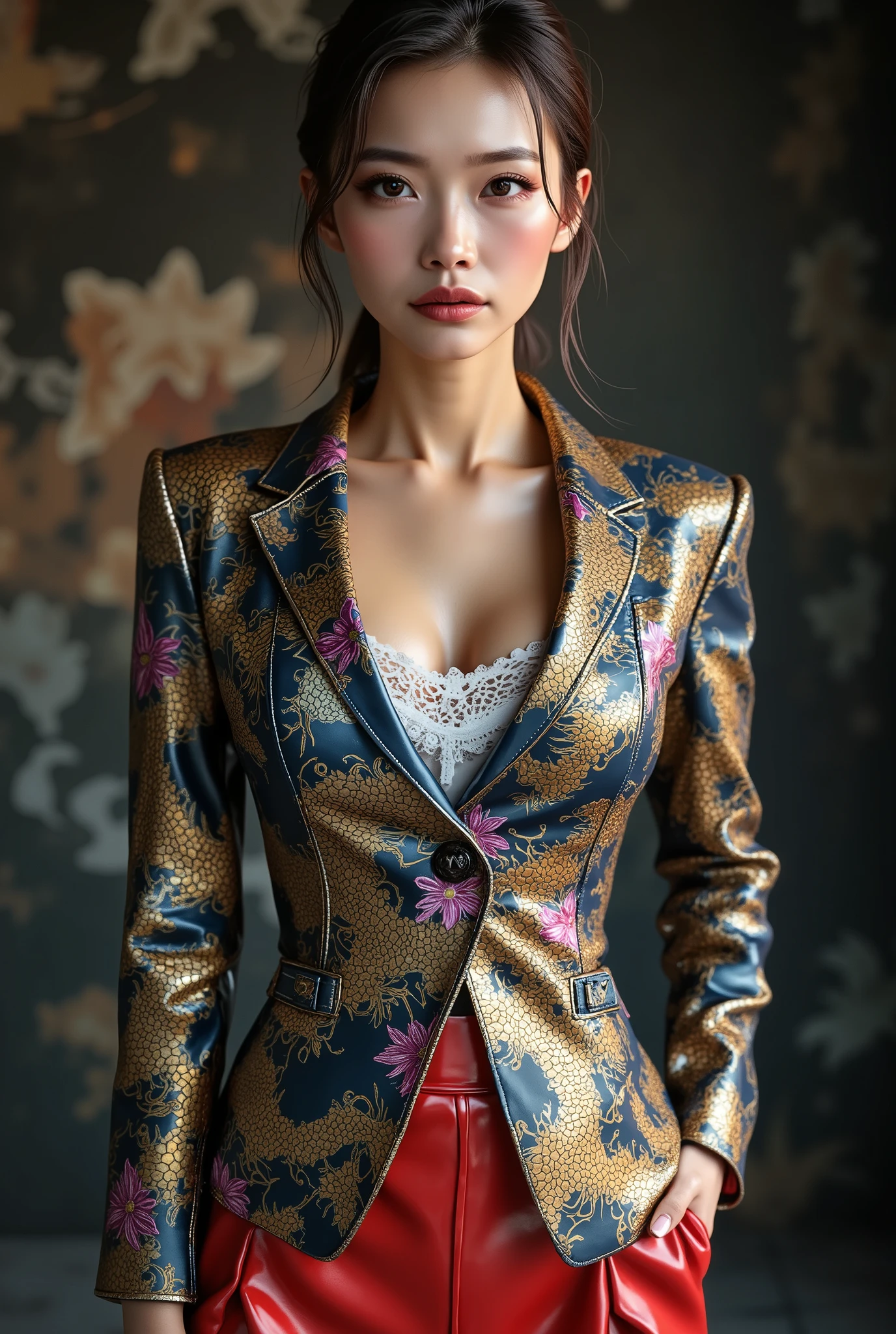  [Style: - "8k, masterpiece, realistic, Photorealistic realism, Hyper high resolution" - "highest quality, intricate ultra-detailed digital art"] (Key Directive: - "The priority is the anatomical accuracy and texture of the materials" - "Ultra-sharp human eyes with biological accuracy") {Character: "full body shot , beautiful girl , perfect female body , full bodyesbian , ((Beautiful long legs in good style:1 . 35)) ((no bra , no panties:1 . 3)) (medium butt) (skinny body build) (perfect hot model body:1 . 4) ((slim belly: 1 . 2)) (muscular body) (firm and full breasts:1.4)]" | Face: "full lips, pink lipstick, intense gaze" | Eyes: - "((sharp focus, no blurry eyes, Hyper absurd quality, Hyper details, Hyper realistic purple eyes:1.2))" - "((extra narrow eyebrows))" - "(Carefully draw Long blue_mascara:1.2)" - "(perfect round eyes)" | Hair: "long hair, white hair, curls at the ends of the hair, hair above one eye(((slicked to the on side)))" | Pose: "elegant pose" Outfit: [Top: "modest office suit , (multicolored leather ((inprinted shiny textur Japanese dragon))] [white lace undershirt:1.4"] [Bottom: "(pleated skirt)|Luxurious shiny, red latex:1.28]" - "(a bold, feminine, elaborately detailed: 0.7)"] Environment: "((Mt. Fuji tori))" Lighting: "studio lighting, monochromatic, striking contrast, dramatic shadows" (Rendering engine: "Unreal Engine 5 path tracing, 16K texture maps") | The ultra-Highres,Unreal 5,Subsurface scattering,PBR Texturing,Post-Processing,Anisotropic Filtering,depth of fields,Maximum Sharpness and Sharpness,multi-layered texture,Albedo and Specular maps,Surface Shading,Precise simulation of light-material interactions,perfectly proportions,Octane rendering , Two-tone illumination , Wide Aperture , low ISO , white balance , The rule of thirds