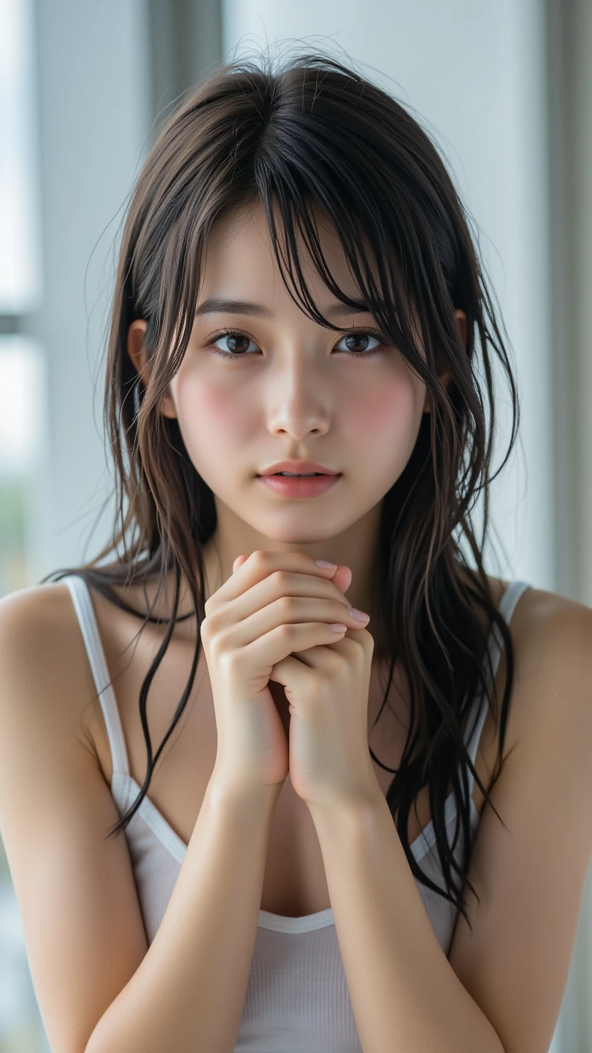 (((Extremely detailed、Ultra-high resolution、masterpiece、Highest quality)))、顔のUltra-high resolutionクローズアップ、long, straight black hair、So that every single hair is clearly visible、The subtle color changes of hair depending on how the light hits it、 The skin is white and smooth、Skin has a natural glow、Fine skin texture、Representing the fine details of pores、Details of the light redness on the forehead and cheeks、The eyes are almond-shaped and dark brown.、Eyes with fine iris details、The eyes depict color gradations and patterns.、Long, natural-looking eyelashes, each and every one visible、Well-groomed eyebrows、眉毛のindivual々The hair is clearly visible、Light reflecting off into the eye、The light in the eyes creates small highlights、The nose is delicate、Fine detail on the nostrils、Lips are plump and naturally pink、Depicts the fine lines and soft curves of the lips、lips are shiny and、The gloss on your lips accentuates their shape.、(((Detailed depiction of lip texture、Particular attention to the depiction of light and shadow、Soft natural light gently illuminates the face from the front、A faint glow on the forehead、A slight shine on the nose、A slight glow on the cheeks、Shadows are cast softly along the contours of the face、Accentuate the sides of your cheekbones、Accentuate the sides of the jawline、Emphasize the sides of the nose、The gloss on her lips reflects the light faintly、Lips emphasize the plump texture、The shadow of the hair gives depth and dimension、indivual々The hair shines in the light、The background is simple and blurred.、Focus on the face