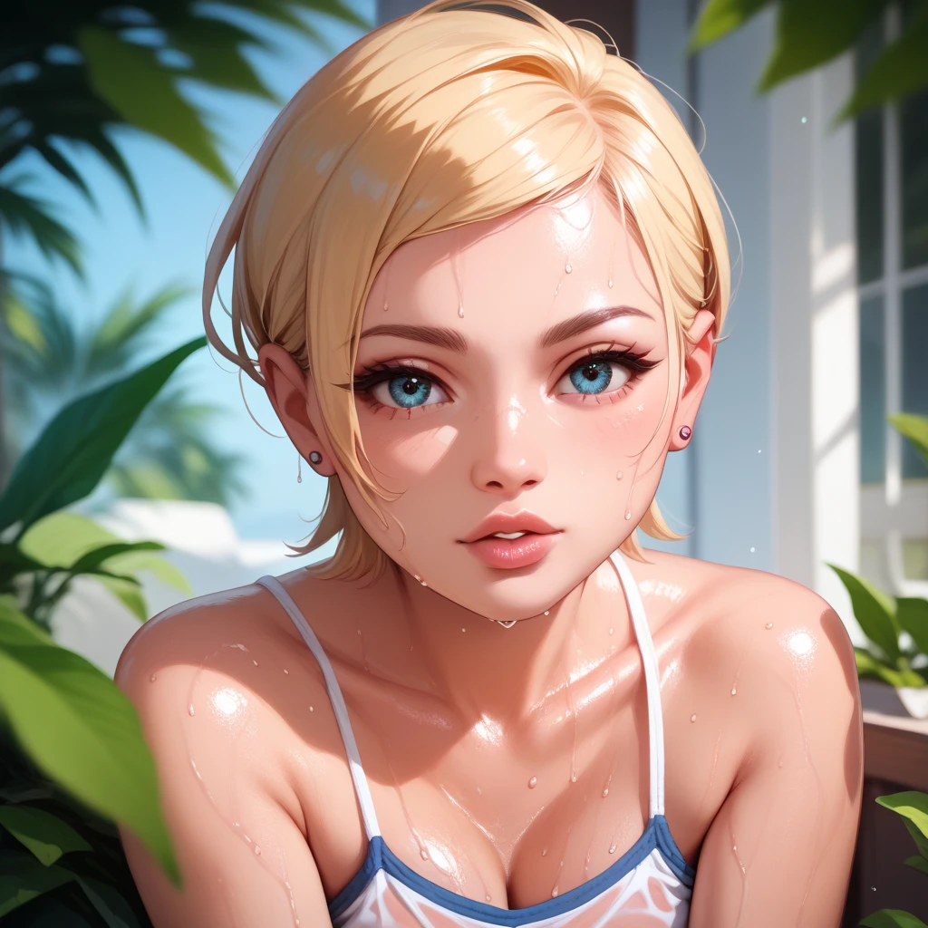 1girl, blonde hair, eyelashes, hair over one eye, blue eyes, big lips, ultra-detailed, high quality, highres, absurdres, best quality, best quality, large breasts, blurry background, evil smile, long hair, bright pupils, seductive smile, shiny skin, tall female, colored skin, pink lips, backlighting, outdoors, extremely detailed, original, glitter, shiny skin, shiny, full body, pink skirt, sunbath, lay down