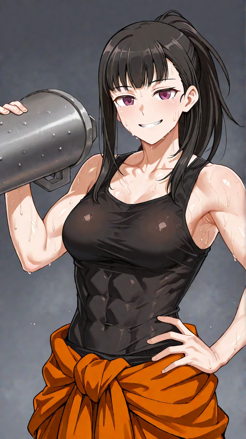 One girl, (alone:1.2), ((masterpiece)), (Shadow), [slim], (Big Breasts), Sturdy body:1.2, ((Sharp focus, Sturdy body)), Pale skin, ((Fine grain)), (Blurred Background), Flame effect, (Small bikini bra), Oversized Orange Cargo Pants, belly button, gloves, (clavicle), Dramatic Pose, Purple eyes
