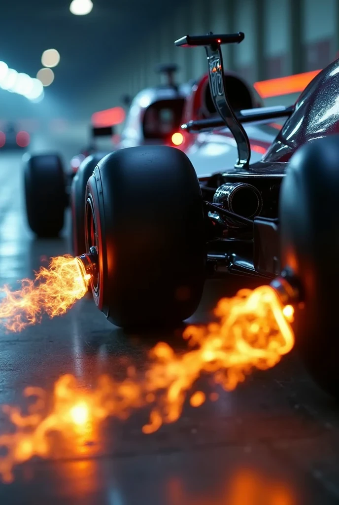 photo realistic zoom in image of F1 car back, back part of the car, rear wing,exhaust, close up shot,psychedelic neon star trail, cinematic motion blur