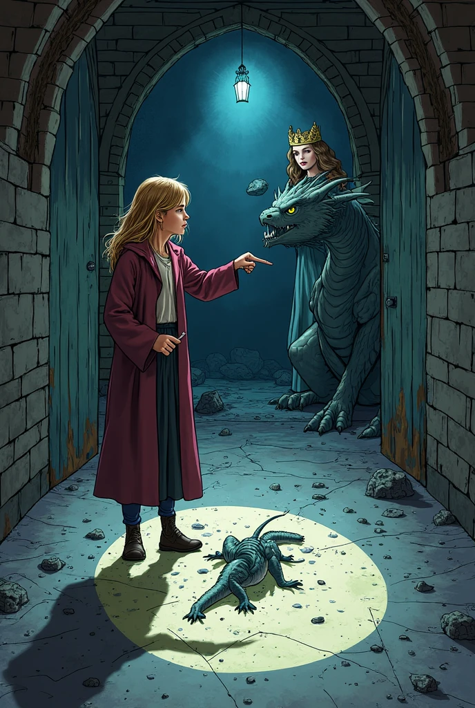 A scene in a cave with an evil witch in a purple dress and black hair casting a spell on a brown-haired prince and a blonde-haired princess in a pink dress, but there is a good green dragon that opened its beautiful wings to protect the princess and the prince from the witch's spell.  A scene of despair. 
Black and white image style, cartoonized minimalist, hand drawing line,  for coloring 