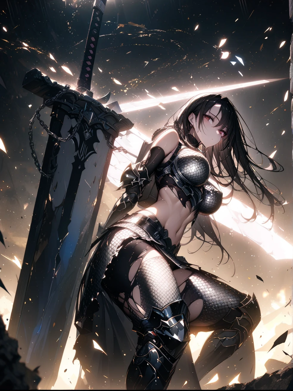 Cinematic lighting,super detailed skin、Beautiful detailed eyes、Best Quality,cyberpunked,(Alternative、dim colors, Soothing tones:1.3),NSFW(2 Beautiful Women、Detailed beautiful facial features:1.3)(well-shaped breasts、Back exposure、Ripped clothes:1.5).(Possession of a modified Japan sword、Model Pose:1.8)（Wearing a demon mask:2.0)Predawn sky、Destroyed temples、(Mechanical Moon:1.2)