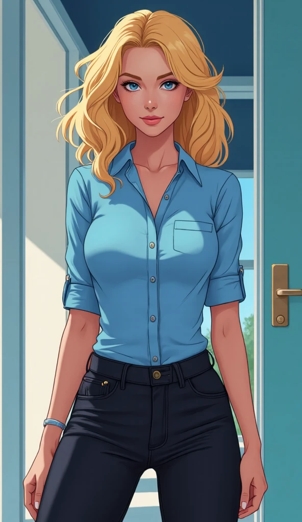 Realistic photo of a beautiful v1rg1n14m woman,1girl, solo, long hair, breasts, looking at viewer, blue eyes, skirt, blonde hair, shirt, cleavage, jewelry, underwear, white shirt, earrings, collared shirt, black skirt, necklace, bra, lips, hand on hip, black bra, realistic, partially unbuttoned, bra peek, soft lighting, professional Photography, Photorealistic, detailed, RAW, analog, sharp focus, 8k, HD, DSLR, high quality, Fujifilm XT3, film grain, award winning, masterpiece