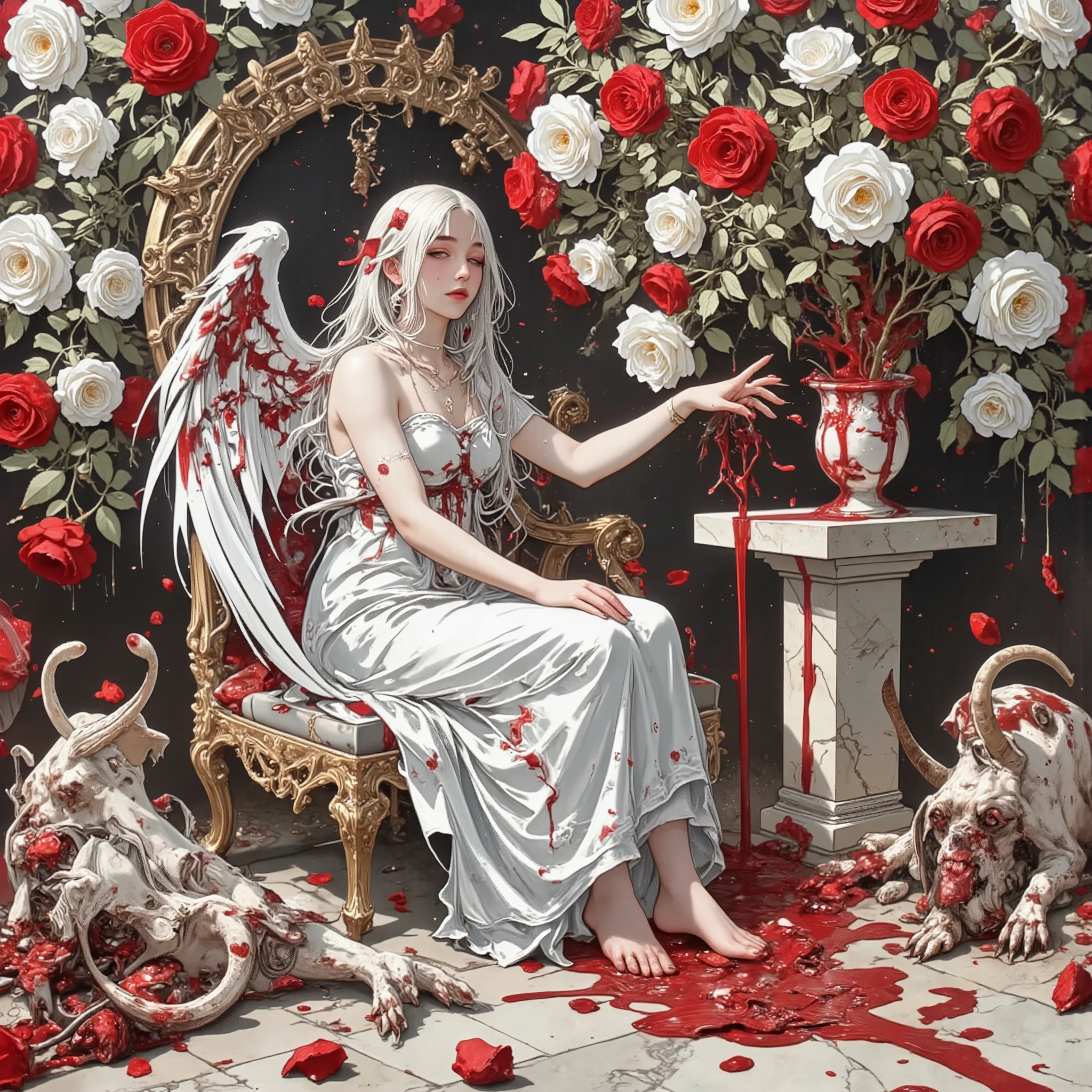 This is aesthetic art. A beautiful woman in a white dress, like a doll, is sitting on a throne-like chair in the middle of a rose garden, where red and white marbled roses bloom in chaotic harmony. From her back emerge two angel wings — or what remains of them. One wing is grand and ethereal, soaked in dark red blood that drips slowly onto the white fabric of her dress. The other is torn, incomplete, with only fragments of feathers left, as if violently ripped away. A vase rests on a stone pedestal nearby, overflowing with petals soaked in crimson liquid. A woman (with long, silken white hair, wearing a flowing white dress, possessing a goddess-like presence, her expression radiant yet eerily serene) reaches her hand toward a nearby rosebush. Every petal is meticulously perfect, absurdly beautiful, and soaked with thick, dark red liquid. The roses drip their lifeblood onto the marble path below, forming a quiet, sacred pool of sacrifice. This is an abstract painting of the food chain, a divine garden of consumption. Pieces of once-living beings (a fragment of a dog, a feather from a fallen angel, the horn of a devil, a lock of human hair) rest gently on the rose beds, embraced by the garden as part of its cycle. The roses drink deeply from them, blooming in grotesque joy. This is a sacred, very happy ritual. This is aesthetic art. Women's daily life, aesthetic art, flow of energy and matter in an ecosystem, aesthetic art, very realistic Brutal Art, aesthetic art, sustaining the life of the entire planet, aesthetic art, symbol of a psychopath, aesthetic art, aesthetic art, aesthetic art, concept of life and death.