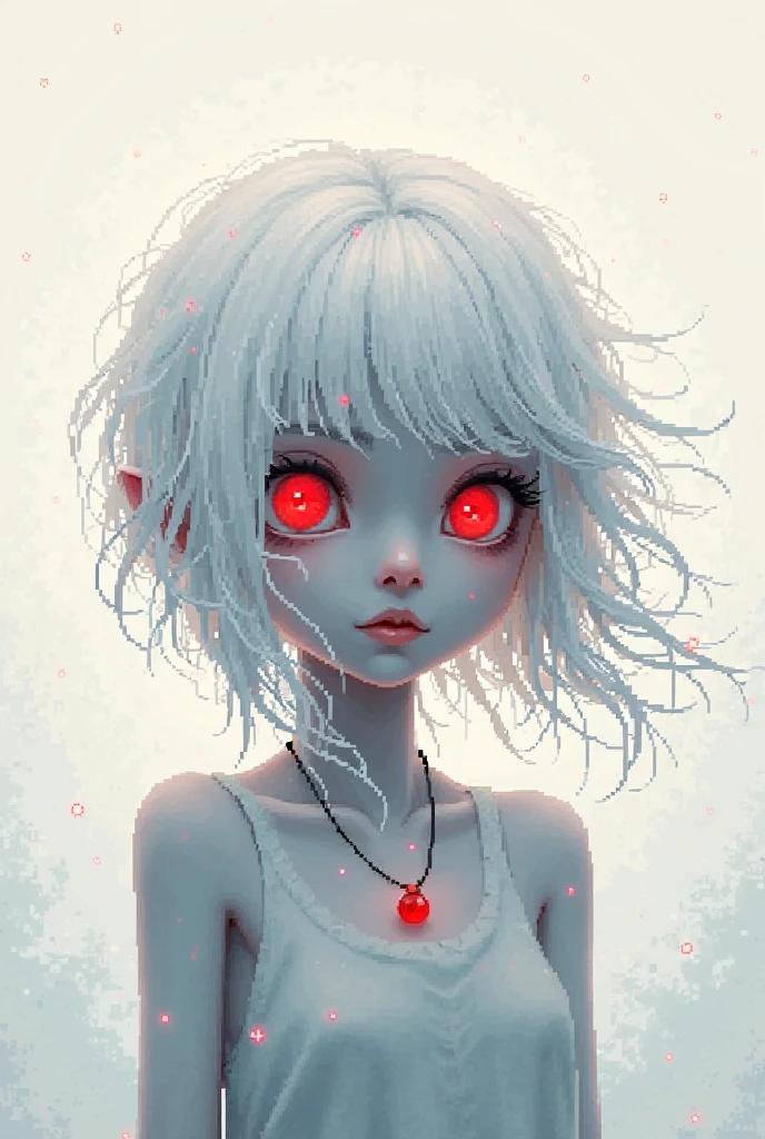 there is a man with white hair and a creepy face, white scary skin, with glowing red eyes, with red glowing eyes, zombie with white eyes, jeff the killer, ghoul, kaneki ken, pale white face, pale young ghost boy,  grimdark, scary look, scarry, with a red eyes