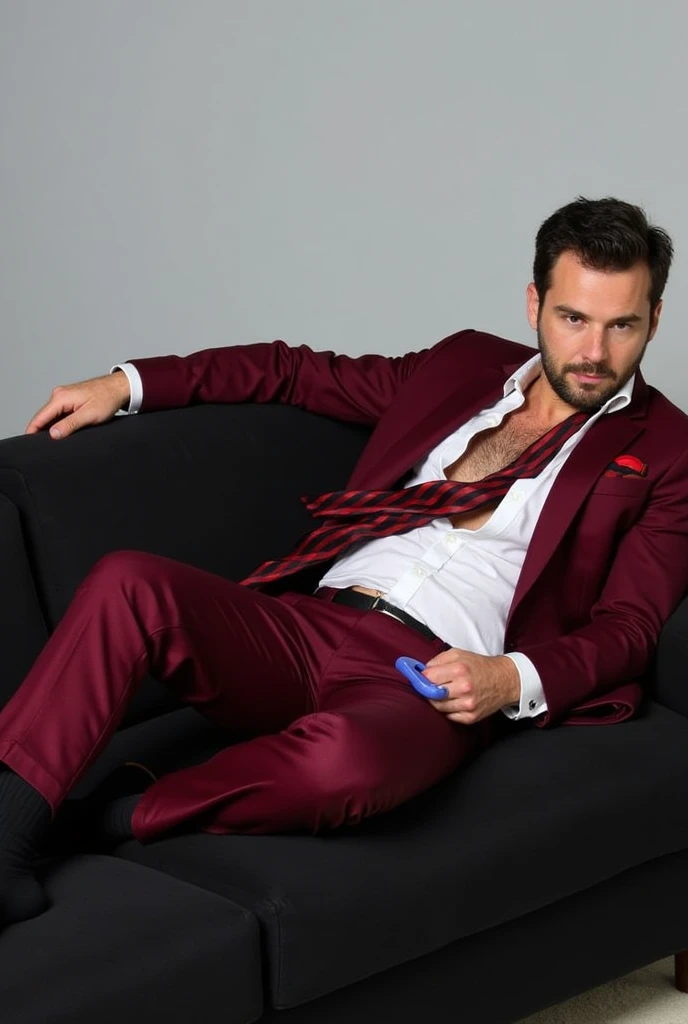 A 35-year-old man，desk，Light silk bathrobe，Thin muscles，Supine，Legs open,The crotch of the silk thong bulges,Male Love，Black medium length hair，Black eyes，hansome，Sexy