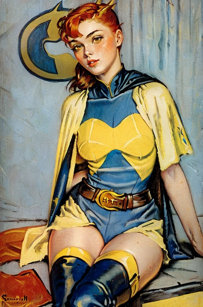 a 1950s female super-hero in an action pose, large breasts, short skirt, narrow waist, wearing tights and a cape, knee-boots, 1950s comic style, popping colors, contrast,1950s era atmosphere, vibrant colors, hyper-realistic, 8k, ultra-detailed