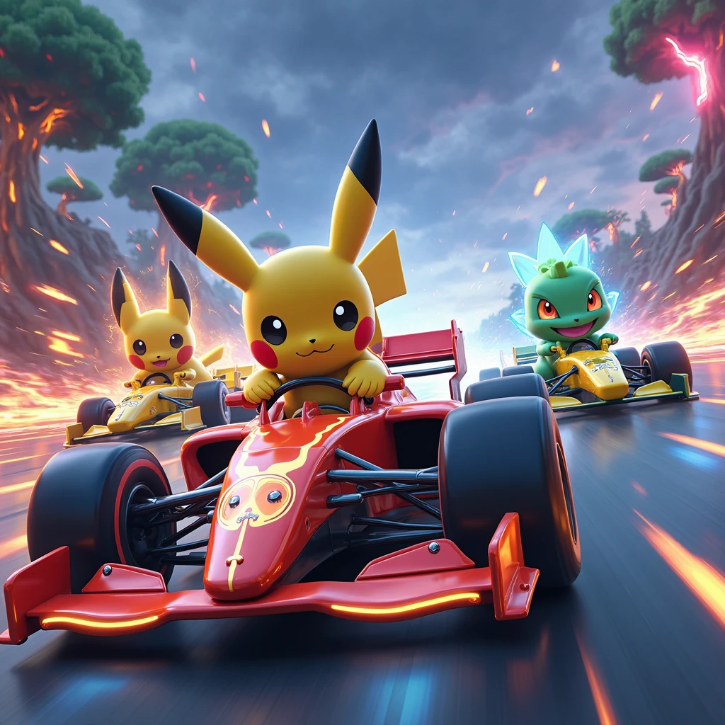 An electrifying Pokémon F1 race takes place on a futuristic track, featuring Pikachu, Meowth, Charmander, Bulbasaur, and Treecko as rival racers. Each Pokémon drives a custom F1 car that reflects their unique abilities—Pikachu’s car crackles with electric sparks, Meowth’s sleek golden racer shines with speed, Charmander’s vehicle leaves a fiery trail, Bulbasaur’s car has vine-like extensions gripping the road, and Treecko’s agile ride is designed for swift, sharp turns. The race is intense, with neon-lit tracks twisting through forests, volcanoes, and stormy skies. The Pokémon push their vehicles to the limit, using their powers to gain the edge. Lightning, fire, and energy blasts fill the air as they speed towards the finish line, each determined to claim victory in the ultimate Pokémon Grand Prix!
