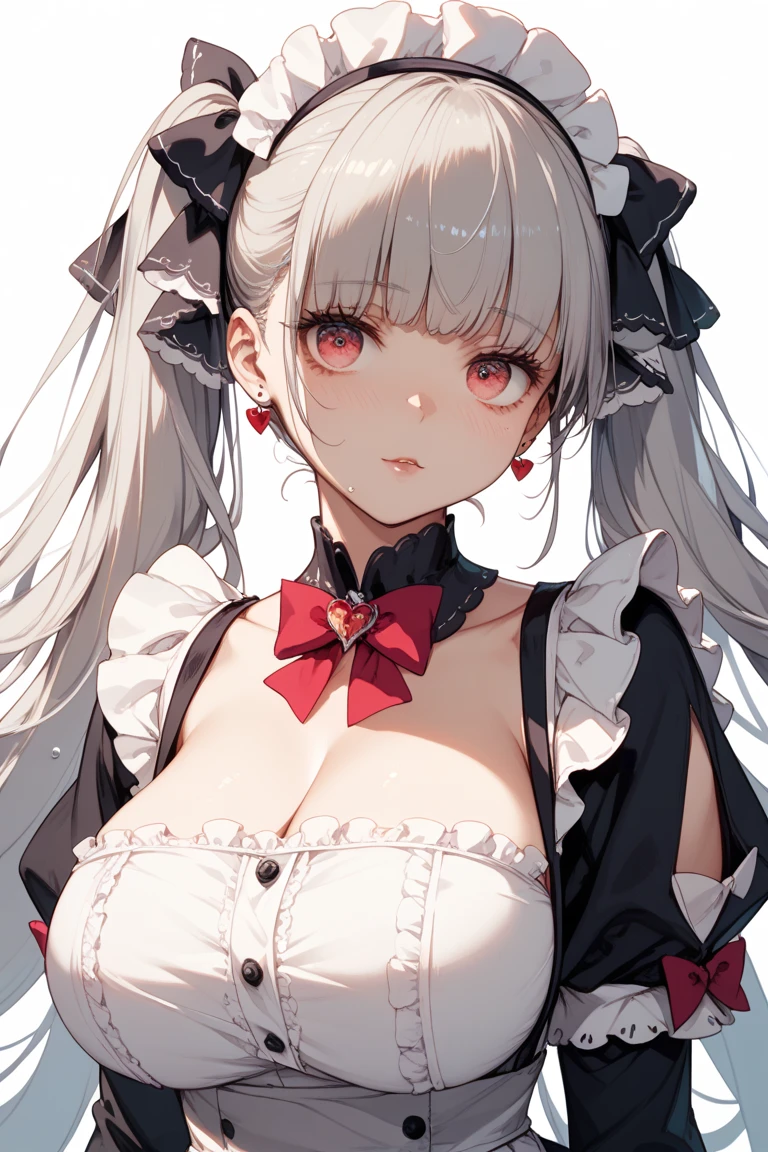 (masterpiece, best quality1.2),illustration,8k,hd,1girls,solo,upper body,(portrait:1.2),long_hair,large_breasts,red_eyes,very_long_hair,bangs,twintails,ribbon,grey_hair,cleavage,hair_ribbon,two-tone_ribbon,between_breasts,black_dress,dress,frills,bare_shoulders,frilled_dress,long_sleeves,two-tone_dress,jewelry,earrings,