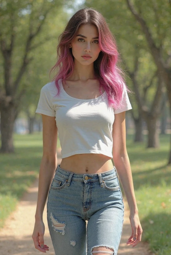 A captivating photograph of an exotic -yeld Uknian emo girl, punk, 60 inches tall, with full lips, pouty lips, intense big eyes, a button nose, square face, arched eyebrows, small breasts, flat female chest, emo makeup, and long rainbow emo hair with bangs. Ear, nose, and navel piercing.
Dressed in denim booty shorts, white crop top and black boots, she stands sensually in a photo studio, looking seductively into the camera, sexuality oozes from her.