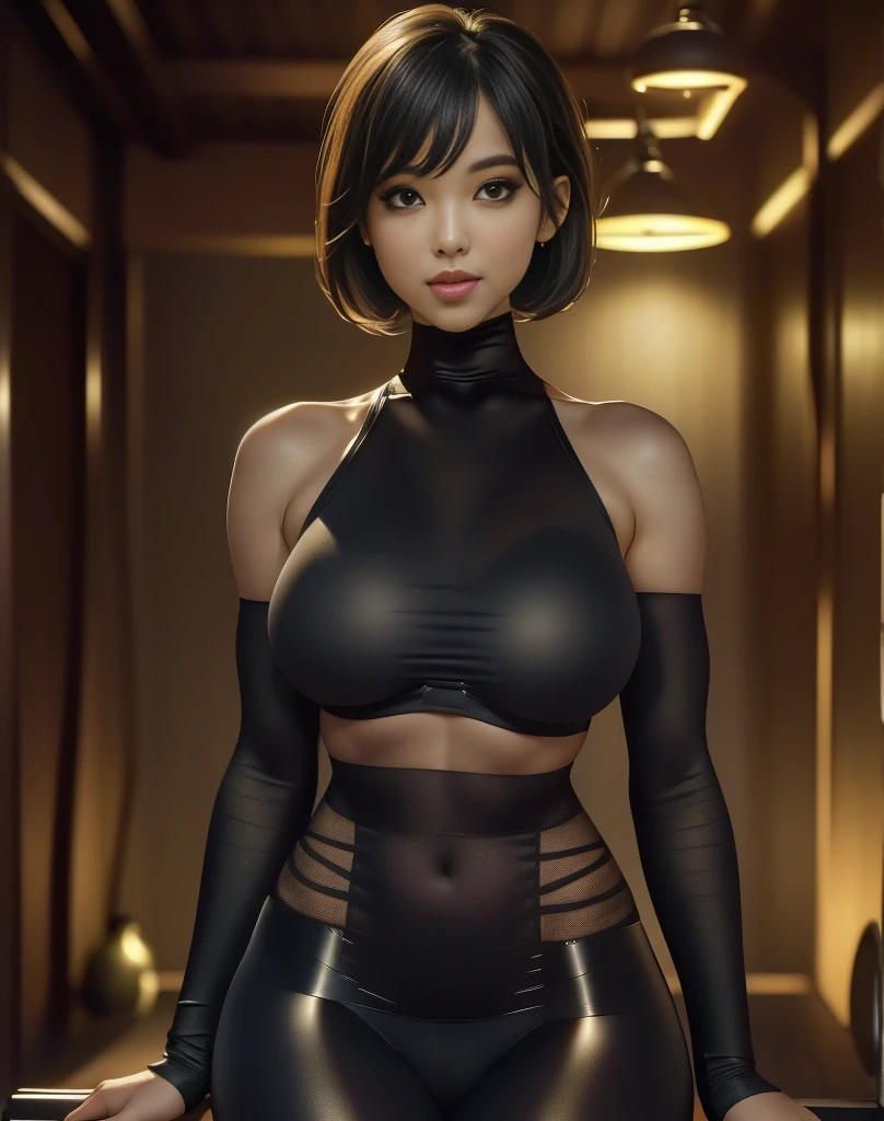 Masterpiece, ultra-detailed, very old castle, night, beauty personified, voluptuous, curvy succubus, Hana Haruna, chubby figure of a gravure idol, body measurement of 100-70-90 cm, long hair cascading down to her shoulders with straight bangs framing her face, braid, full and glossy lips, clad in a black latex suit, fire illuminating her glossy skin, tanned skin, soft and warm indirect light gently kissing her features. Cinematic and captivating. Posing, teasing. Close-up