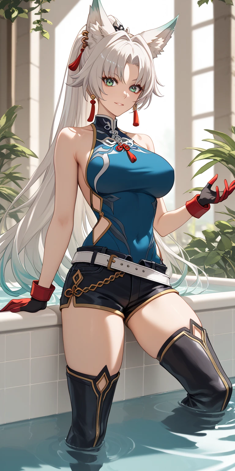 A woman with silvery bob hair and blue eyes, Wearing sexy panties, She looks down on the viewer with a cute smile, Highly detailed and realistic, masterpiece quality, Very detailed, High resolution, Studio Lighting, Vibrant colors, Physically Based Rendering, Thick and muscular thighs, Beautiful muscular thighs, Very strong wrestler, Attractive ass, (MCharacter splits: 1.5)
