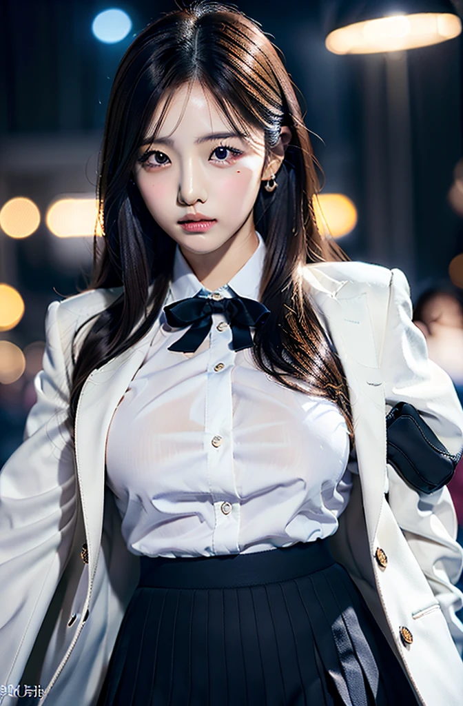 (8K), (highest quality: 1.2), (realistic), (realistic: 1.37), ultra high resolution, (1 girl, cute, smile, closed mouth, thick lips,red lip,huge breasts:1.2, upper body, from below, cameltoe,beautiful details, beautiful nose, (straight black hair), giant dulcefo, self snap,(school uniform),white shirt,tie,pleated skirt,(black knee high socks),Squatting in the city at night, From above,close up of face,