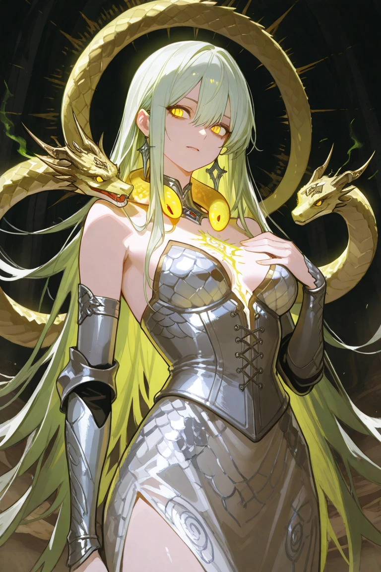 Monstrous, skeletal humanoid creature with pale skin, voluminous female breasts, yellowish, almost golden reptilian eyes, and snake scales all over its body., half dark academia, Estilo da DC Comics, Estilo da DC Comics