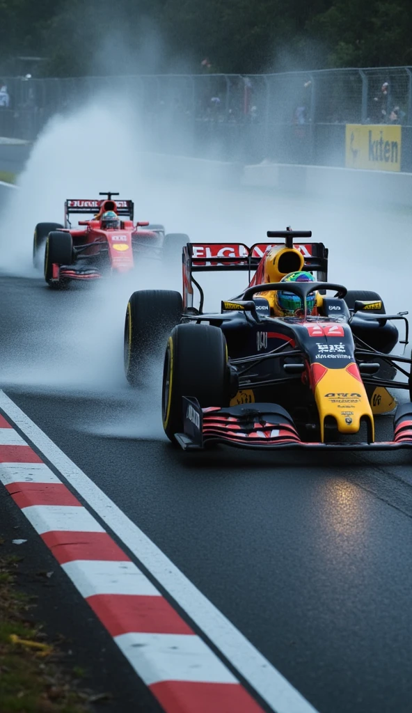  (best illustrations), (PHOTOGRAPHED BY A PROFESSIONAL PHOTOGRAPHER:1.2),(best shadows),(((super fast world:1.3))), has realistic lighting effects,  (((sharp and dramatic:1.2))),(((Offensive Techniques:1.3))),(((Offensive Challenges:1.3))),((((from the front Scattering, return, left, and instant raw power:1.3))),(((side formula one car:1.3))),(((風景をぼかすほどの speed:1.3))),(((and Formula One car's right wheel:1.3))),(((close-up of the driver leading the way:1.3))),high-intensity motorsports scene at the Suzuka Circuit, In the torrential rain、capturing a fierce battle between two Formula One cars. the track is slippery, large puddles form along the racing line, and the heavy rain distorts, making the race even more dangerous. The two Formula One cars wage a fierce duel, drifting through a left-hand hairpin turn, they roll up a large amount of water when competing for a racing line. drivers lean violently to the right, shifting weight for maximum control, their helmets reflect shining track lights. The image is low from below the leading Formula One car, emphasizes the sense of urgency,  speed, and the moment's raw power. hairpin curve images, from splashes of water blowing up through the air、from the concentration and determination seen in the driver's posture. This is a decisive moment in the championship race, super close range shooting, skill, colliding with unwavering mental strength. The beauty of motor sports captured at an angle is condensed into this frozen image/1000ths of a second, where all the spectators take their breath, their clenched fists waiting for this thrilling and decisive result someday.