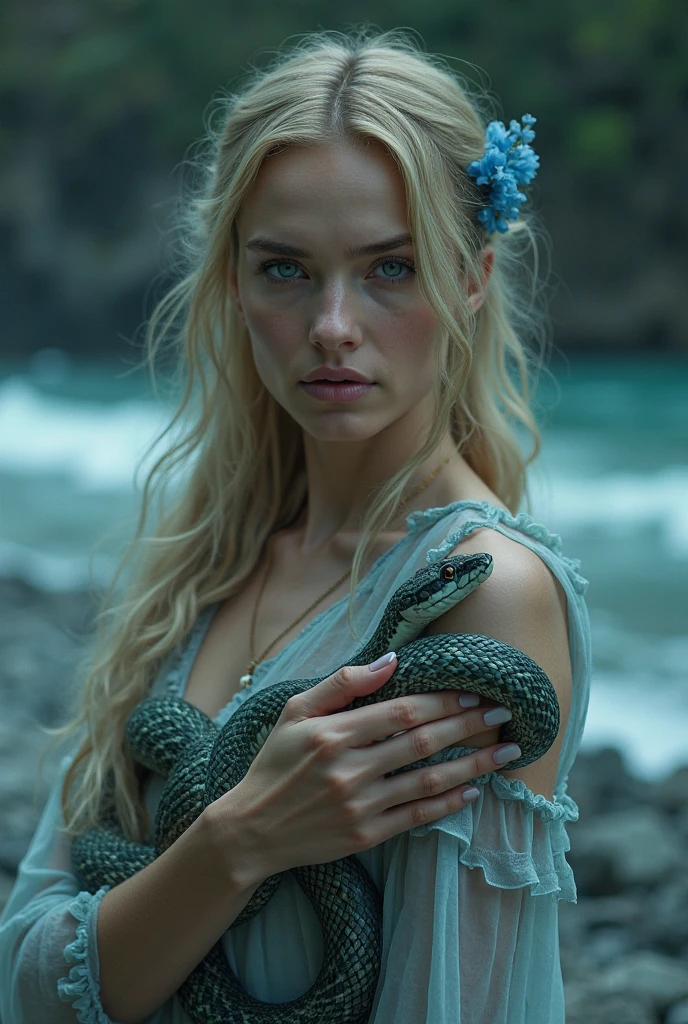 (Cinematic Still Frame), Movie Still,  Norse female goddess, ((Hel)), pale skin, blonde hair, blue eyes, Lying in a pit of snakes, python \(snake\), horror, gaze, Eyelight, grimdark, detailed facial features, magic, dark cave, cool color temperatures, damp, moist, (extremely detailed), realistic, ray tracing, shallow depth of field, volumetric fog, cinematic lighting, 50mm, f/4, ISO 1000, 8k resolution, HDR, dramatic, neutral expression, mythological fantasy, evokes feelings of intrigue and awe.