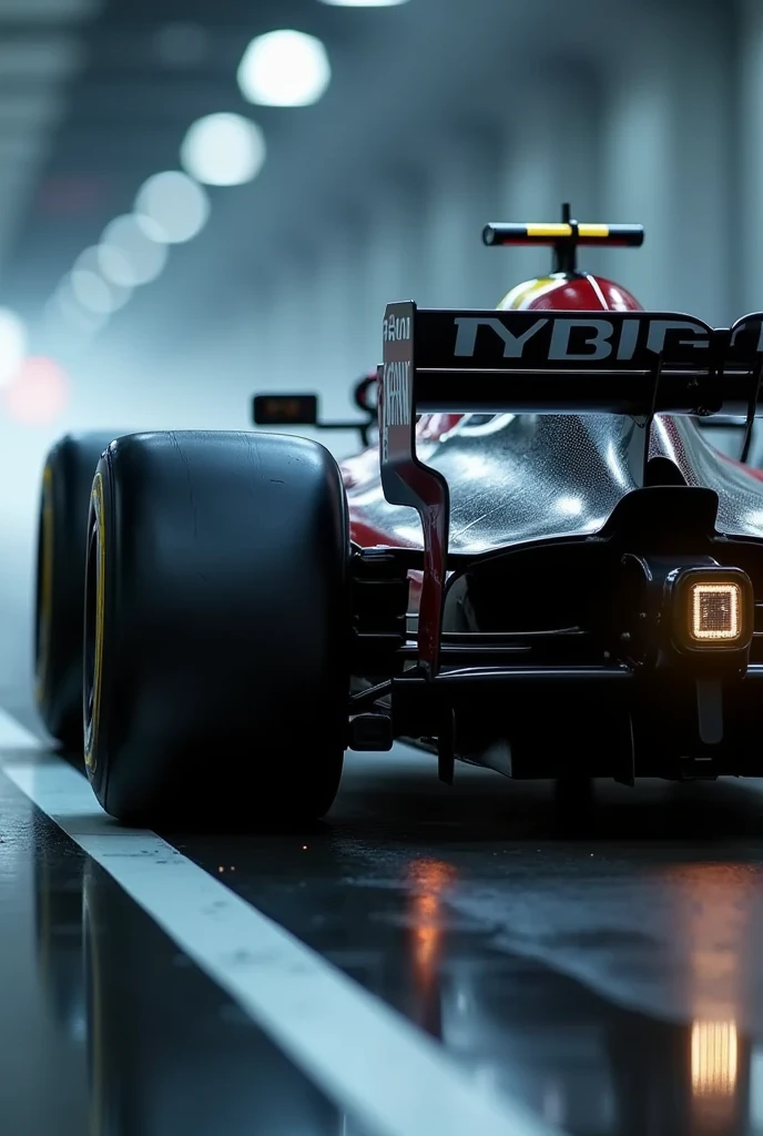 photo realistic zoom in image of F1 car back, back part of the car, rear wing,exhaust, close up shot,psychedelic neon star trail, cinematic motion blur