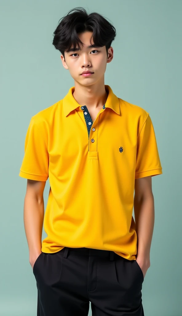 A young man in a yellow polo shirt stood on the side of the road with a serious expression., looking into the distance Turn your head slightly.,Cloudy day, coffee shop