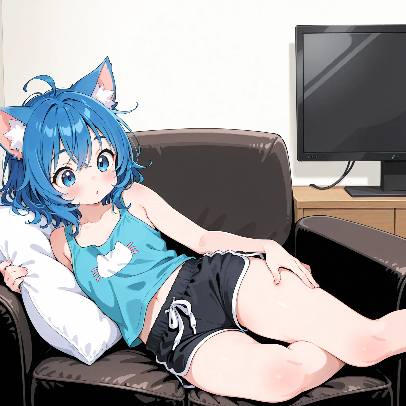 score_9,score_8_up,score_7_up, source_furry, Michiru kagemori from bna, tall slender body, thick thighs, hourglass figure, smirking, wearing white tank top and blue short shorts, barefoot, 5 toes, black toe claws, lying on a bed, relaxed, simple background