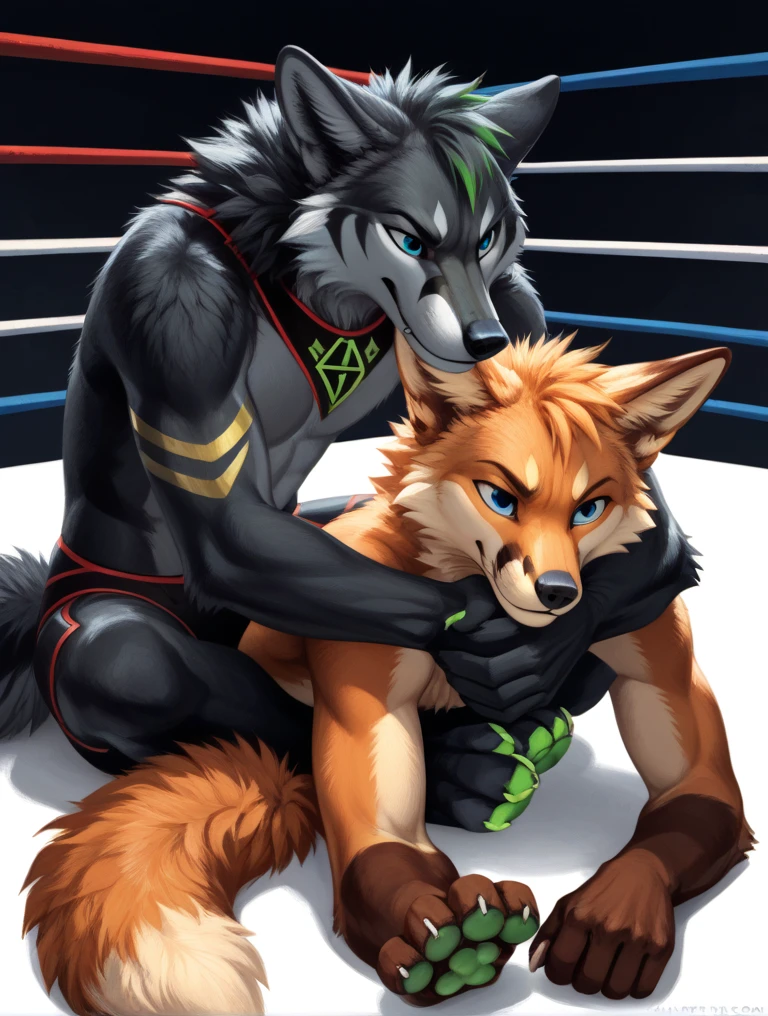 Furry, anthropomorphic wolf, russet fur, dark brown hair, dark green eyes, wearing green wrestling singlet, looking up, looking submissive, blushing, getting frotted on by a big dominant wrestler furry, cornered, inside wrestling ring, hands on ass, groping ass tightly 