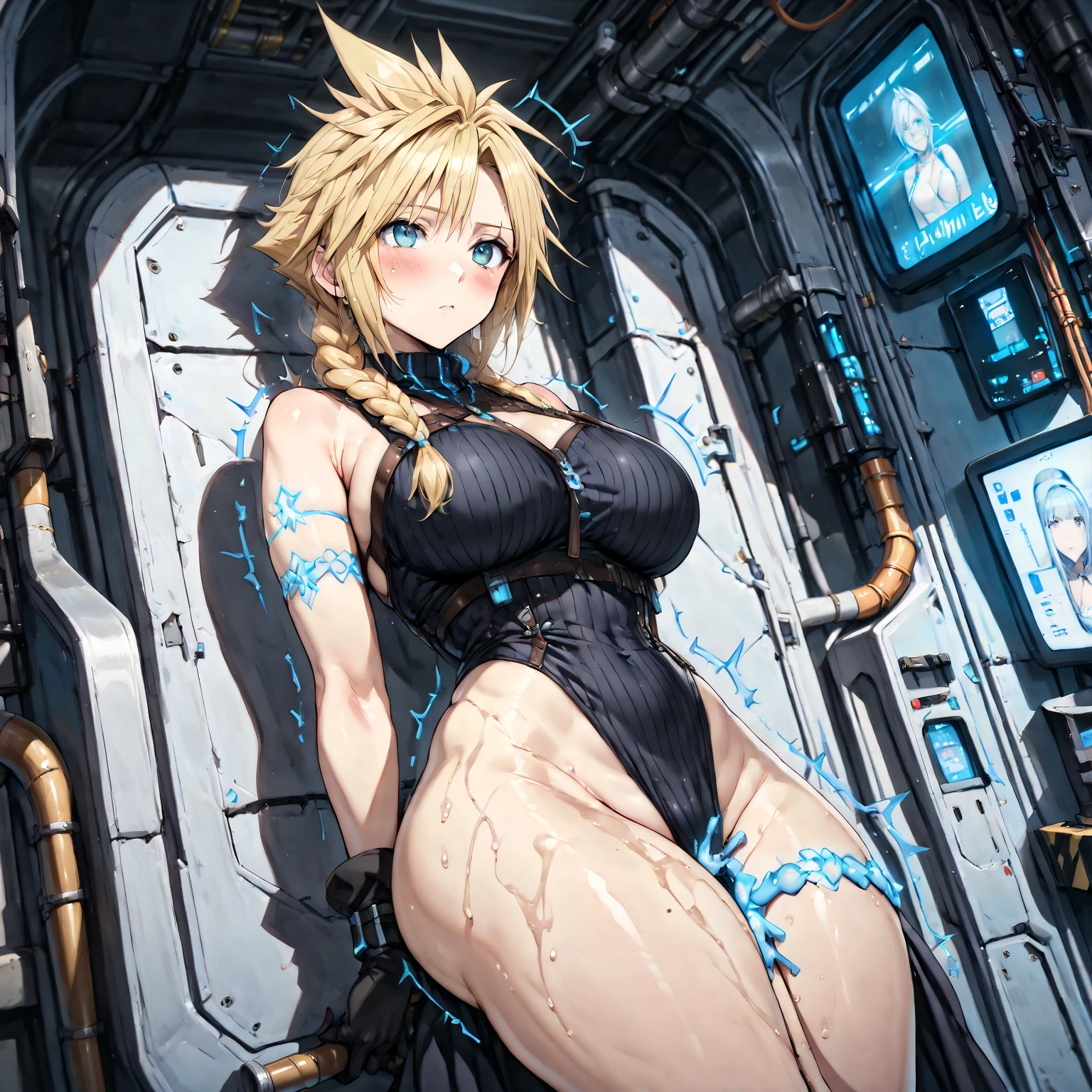 masterpiece, best quality), intricate details 1girl, long hair, blondehair, jewelry, makeup, huge breasts, ero full body, smile, transparent white shirt, bright blue eyes, black tight coat, starry night, blushed sexy slime