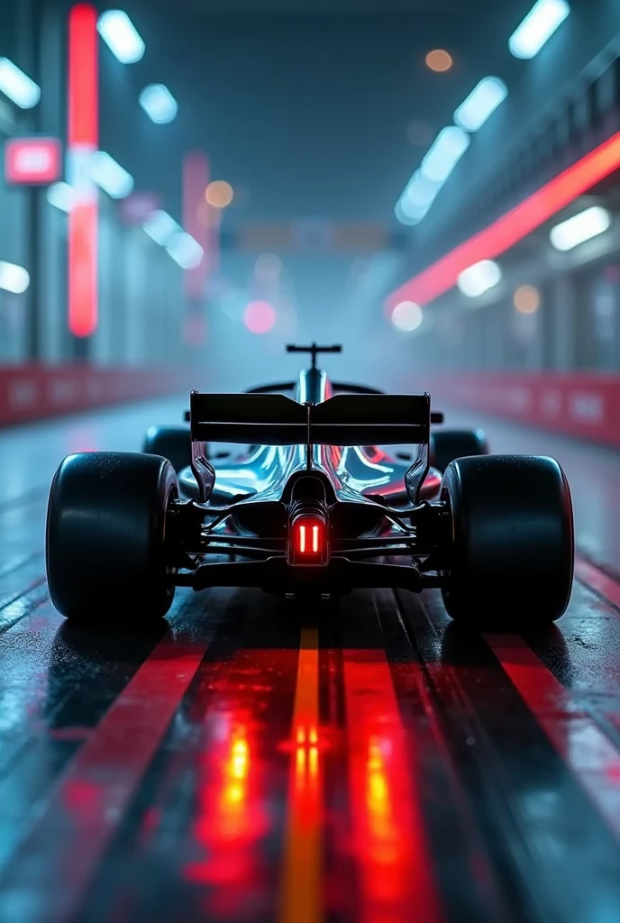 photo realistic zoom in image of F1 car back, back part of the car, rear wing,exhaust, close up shot,psychedelic neon star trail, cinematic motion blur