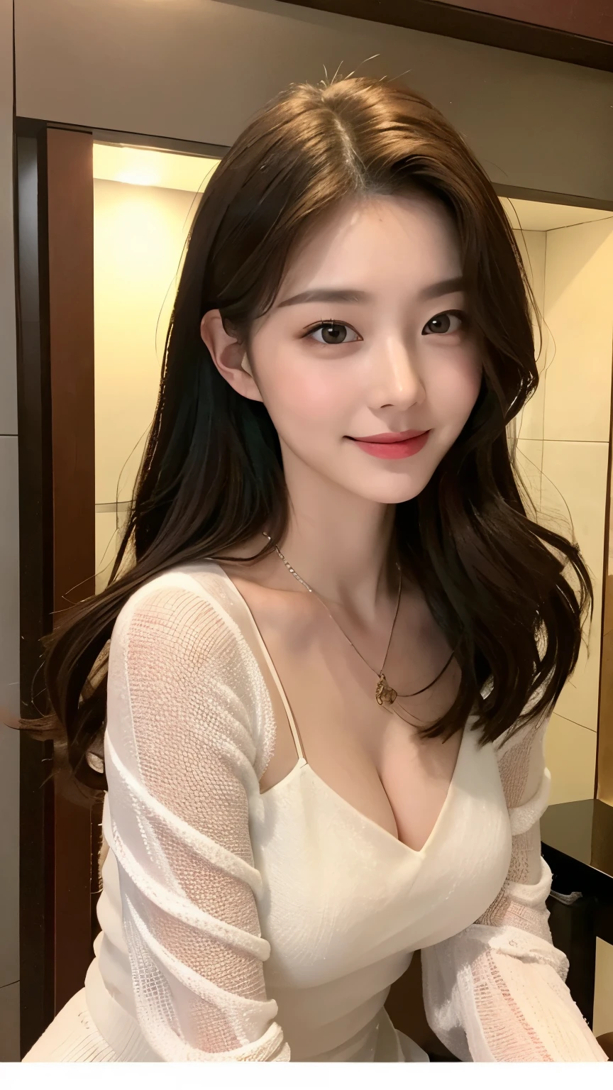 A real wonderful beautiful girl., Long golden curly hair, Very beautiful face., An unbeatable beautiful girl., The collarbone closes the shoulder., Clear Buttons White Tight Office Shirt, JK skirt black, Leg touch, sweet smile, soft, Dreamy quality, Light white and dark brown, Unpretentious facial features, Solid color, Frank Off-White, surreal, Blue Sapphire Necklace, Exceptionally clear, A Beautiful Girl, Cute and lively., Super short leggings, Bar Counter Background