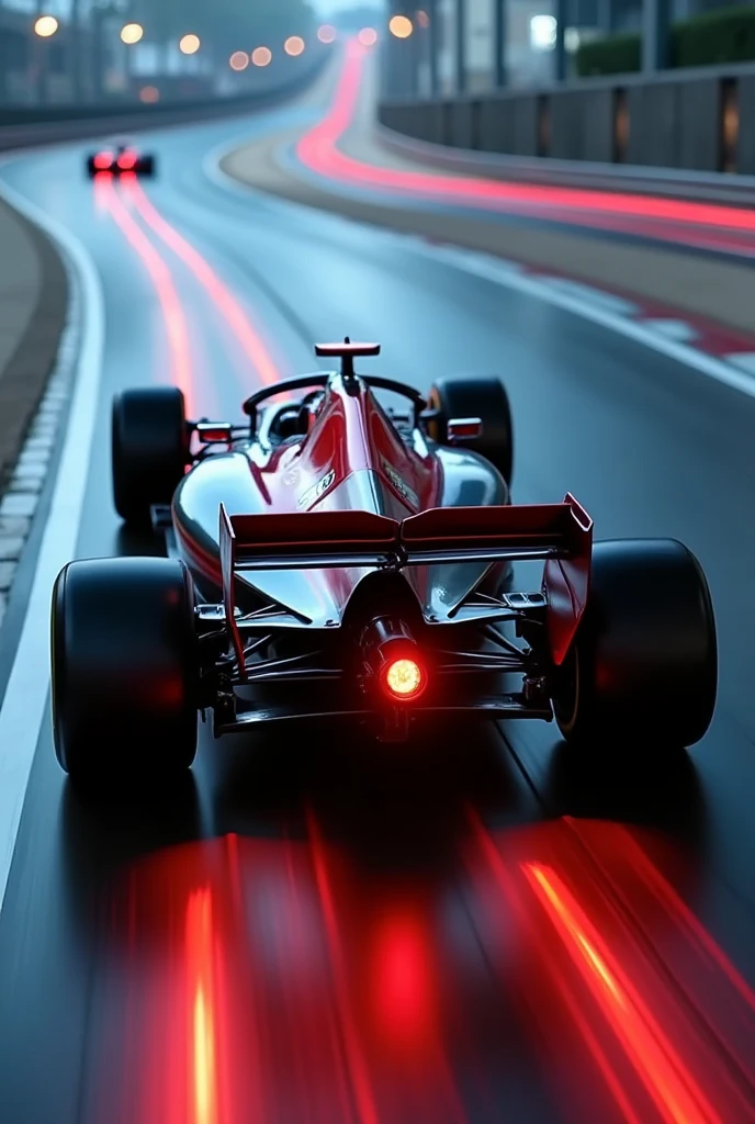photo realistic zoom in image of F1 car back, back part of the car, rear wing,exhaust, close up shot,psychedelic neon star trail, cinematic motion blur